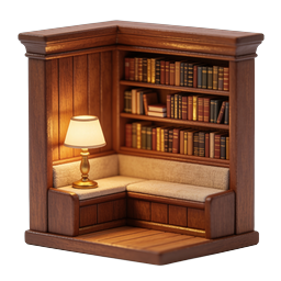 Cozy Reading Nook 3D Icon with Bookshelf and Lamp