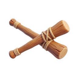 3D-Icon von gekreuzten Holzstäben, mit Seil gebunden
