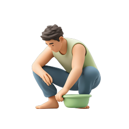 ボウルを持つしゃがんだ少年の 3D クレイアイコン
