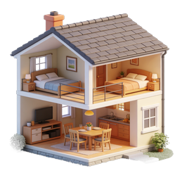 3D Cutaway House Icon with Detailed Interior Rooms