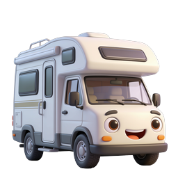Cute 3D Camper Van Icon with Friendly Cartoon Face