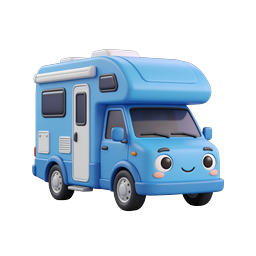 ไอคอนรถบ้านสีฟ้าสุดน่ารัก - รถ RV การ์ตูน 3D สไตล์คาวาอี้