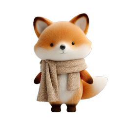 Mignon personnage de renard 3D avec une écharpe en tricot douillette