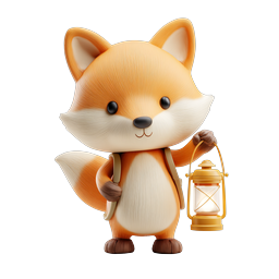 Ícone de Personagem 3D Raposa Fofa com Lanterna - Adorável Explorador da Floresta