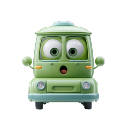 Cute Green 3D Cartoon Bus Character Icon with Big Eyes