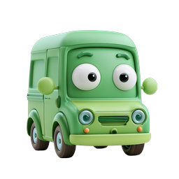 Cute Green Cartoon Van Character Icon - 3D Rendered