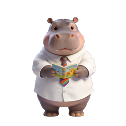 Cute Hippo Reading Book Icon - 3D Library Character
