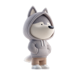 グレーのパーカーを着たかわいい3Dハスキーキャラクター - 愛らしい動物マスコット