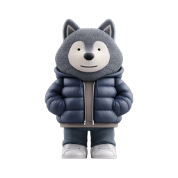Biểu tượng nhân vật husky dễ thương mặc áo khoác phao mùa đông 3D