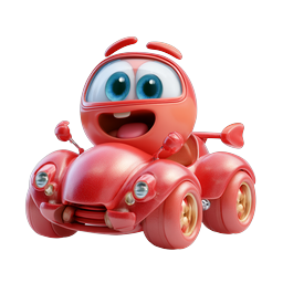 Icona 3D di un adorabile personaggio coccinella che guida un'auto da corsa rossa