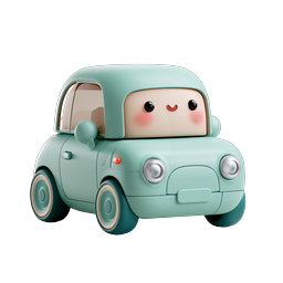 Cute Mint Green Kawaii Car Icon - 3D Clay Style