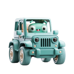 Cute Monster Driving Teal Jeep - Kawaii 3D Icon