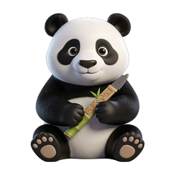 装飾的な竹のナイフを持った可愛い 3D パンダキャラクター