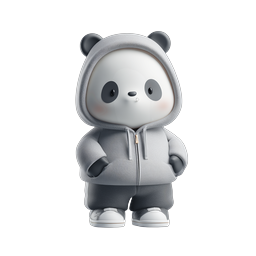Cute 3D Panda Character Wearing Gray Hoodie
