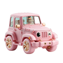 Ícone 3D de carro kawaii rosa fofo - Veículo de brinquedo adorável