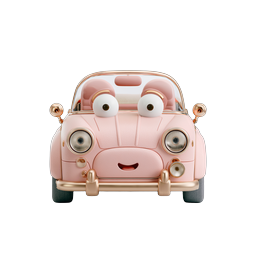 Icona 3D di auto cabriolet rosa carina con volto di personaggio
