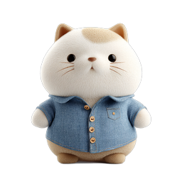 Cute Plush Cat in Denim Shirt - Adorable Mascot Character Icon