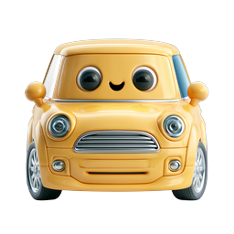 Cute Smiley Yellow Car Icon - Cartoon 3D Vehicle