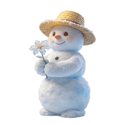 Cute 3D Snowman Icon with Straw Hat and Snowflake