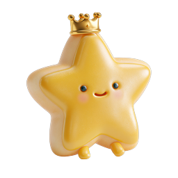 Cute Kawaii Star Character with Crown - 3D Icon