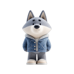 Cute Wolf Character in Denim Jacket 3D Render Icon