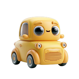 Cute Yellow Cartoon Car Character Icon - Kawaii 3D