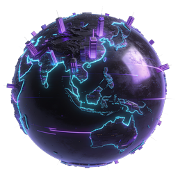 Cyberpunk Futuristic Globe Icon with Neon Cities