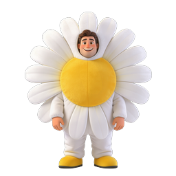 かわいいデイジーの花のコスチュームキャラクターアイコン - 3Dレンダリングマスコット