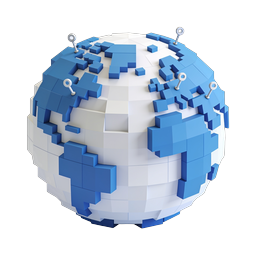 3D Digital Voxel Globe Icon with Location Pins