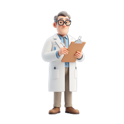 Ícone 3D de personagem de médico amigável com prancheta