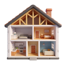 3D Dollhouse Cross-Section House Icon with Interior Rooms