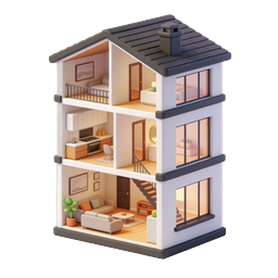 3D Isometric Dollhouse Icon with Interior Rooms