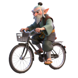 Elder Japanese Sage Cycling 3D Icon | Traditional Temple Scene