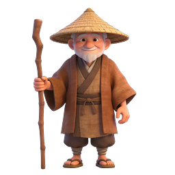 3D Elderly Farmer Character with Bamboo Staff Icon