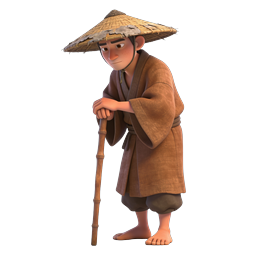 Elderly Japanese Farmer with Bamboo Cane - 3D Icon