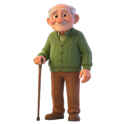 Friendly Elderly Man with Walking Cane 3D Character Icon