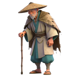 Elderly Monk Character 3D Icon with Walking Staff
