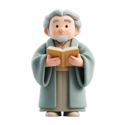 Wise Elderly Scholar Reading Book 3D Character Icon