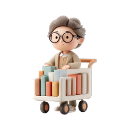 Elderly Woman with Book Cart - 3D Character Icon