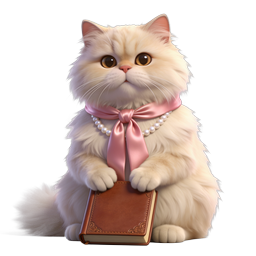 Elegant Fluffy Cat with Pink Bow and Book Illustration