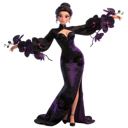Elegant Floral Gown Character with Purple Orchids
