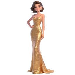 Elegant Gold Sequin Evening Gown 3D Character Icon