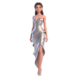Icône femme 3D robe argentée élégante | Personnage mode