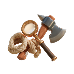 Exploration Tools 3D Icon - Magnifying Glass, Axe & Rope
