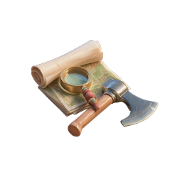 Explorer Map with Axe and Magnifying Glass Icon