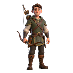 Personaggio arciere fantasy 3D con arco e frecce