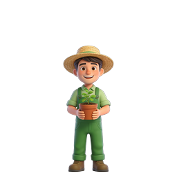 Young Farmer Boy Holding Plant Pot - 3D Cartoon Icon