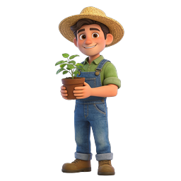 Farmer Holding Plant Icon - 3D Cartoon Gardener