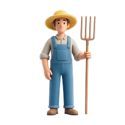 3D Farmer Character with Pitchfork Icon - Agricultural Worker