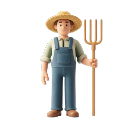 ピッチフォークを持つ親しみやすい農夫の 3D クレイアイコン